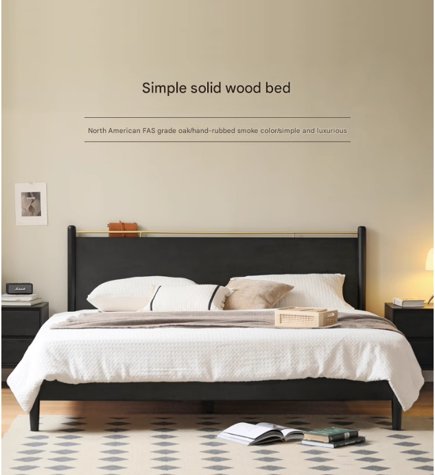 Oak Solid Wood Black Retro American Bed