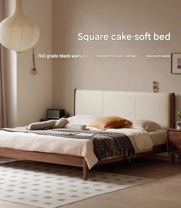 Oak,Black Walnut Solid Wood Top-Grain Cowhide Leather Bed