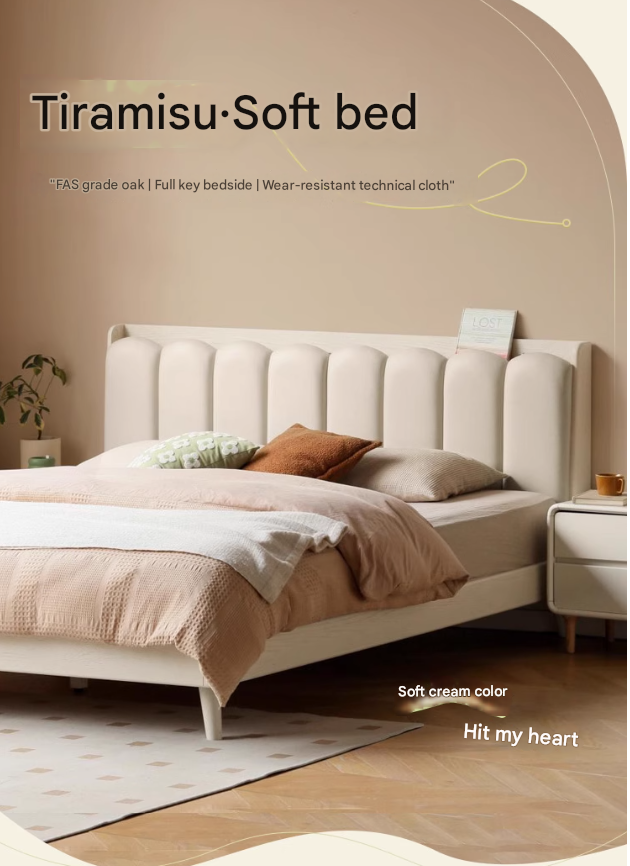 Oak Solid Wood Piano Key Bed Cream Style