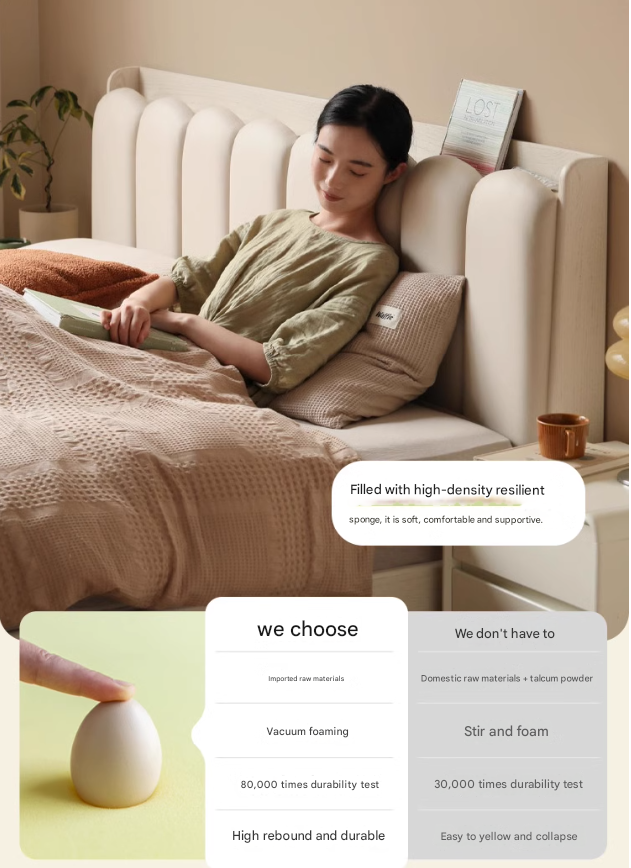 Oak Solid Wood Bed — Cream Style with White Harp Design, Home Charging Soft Backrest