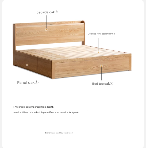 Oak Solid Wood Drawer Storage Bed with Sockets Box Bed