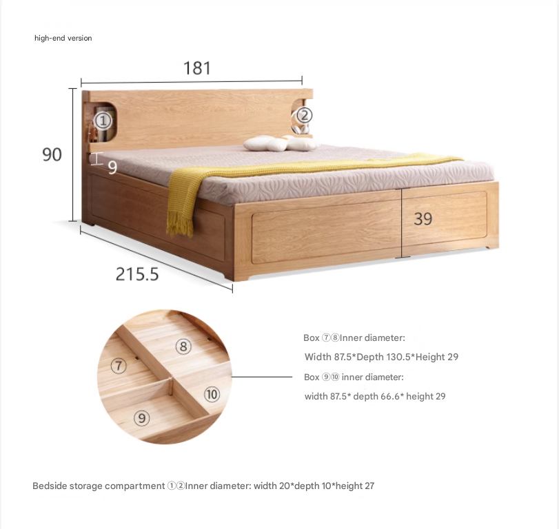 Oak Solid Wood Drawer Storage Bed with Sockets Box Bed