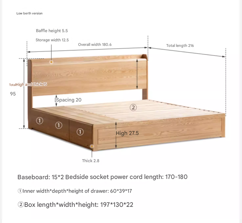 Oak Solid Wood Drawer Storage Bed with Sockets Box Bed