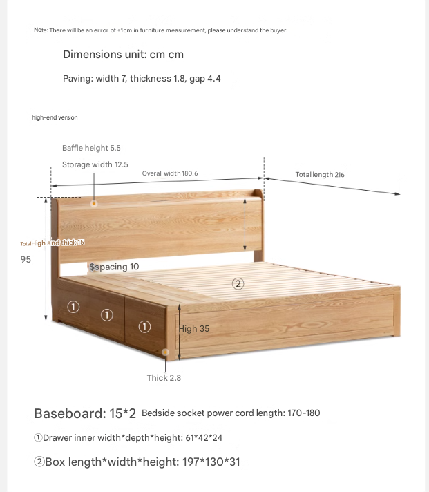 Oak Solid Wood Drawer Storage Bed with Sockets Box Bed