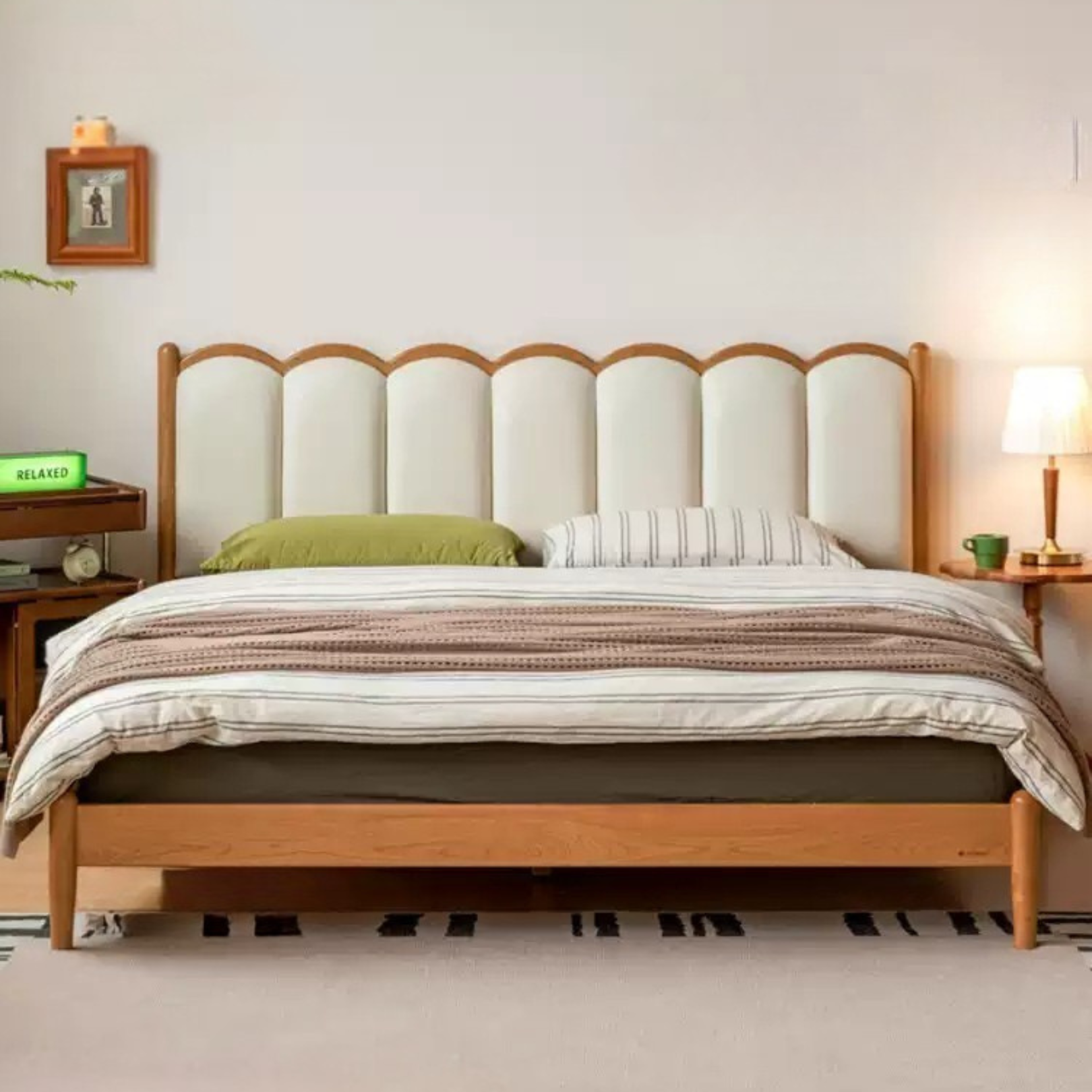 Cherry Solid Wood Soft Bed Retro