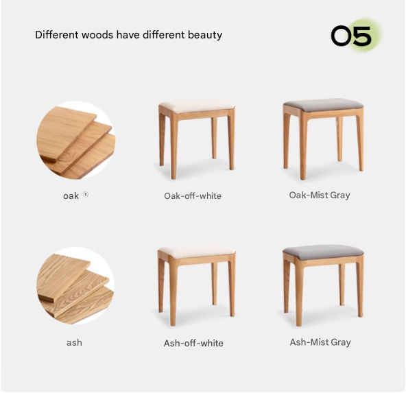 Ash, Oak, Black Walnut Solid Wood, Solid RubberWood Makeup Stool