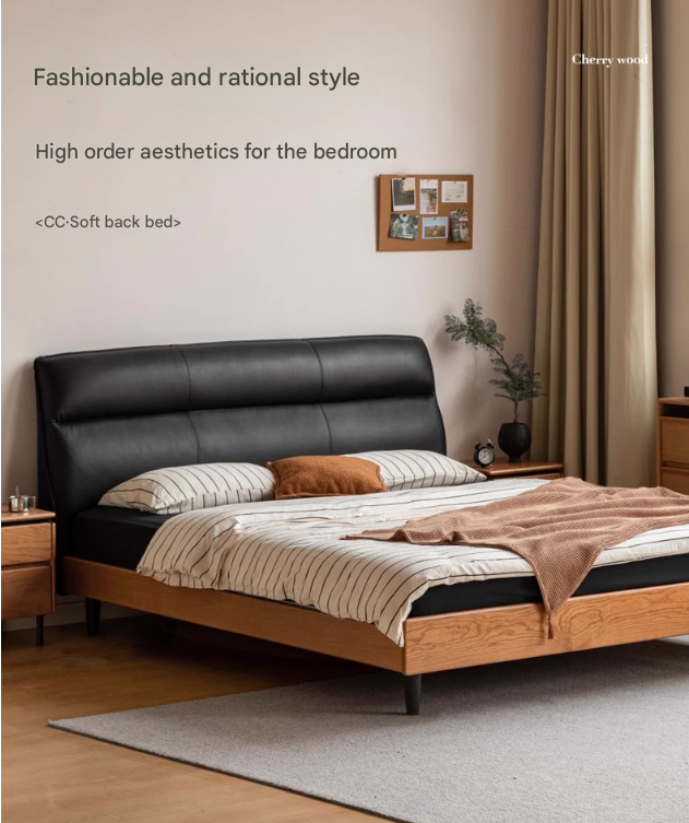 Cherry Solid Wood Suspended Leather Soft Bed Light Luxury.