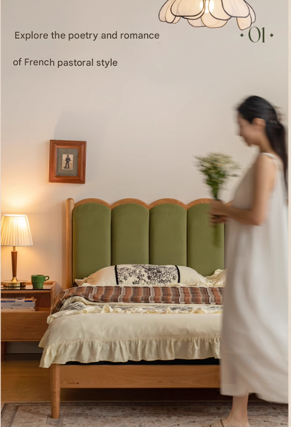 Cherry Solid Wood Soft Bed Retro