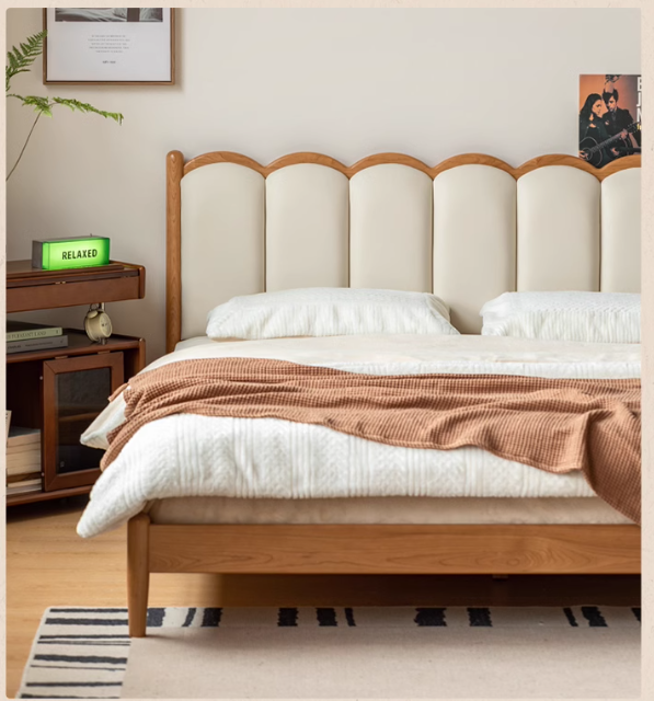 Cherry Solid Wood Soft Bed Retro