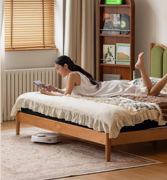 Cherry Solid Wood Soft Bed Retro