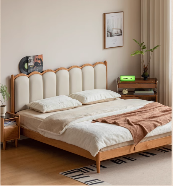 Cherry Solid Wood Soft Bed Retro