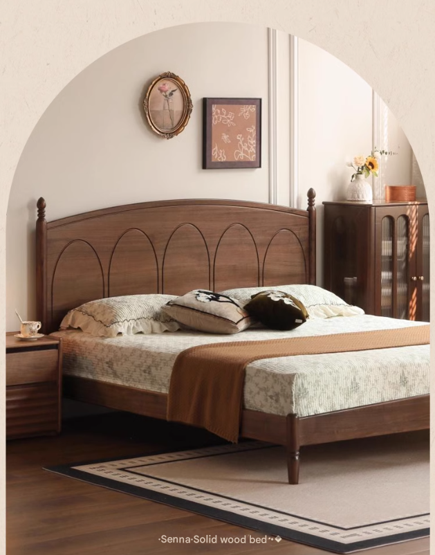 Black Walnut, Poplar Solid Wood Big Bed Retro French