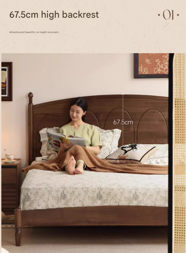 Black Walnut, Poplar Solid Wood Big Bed Retro French