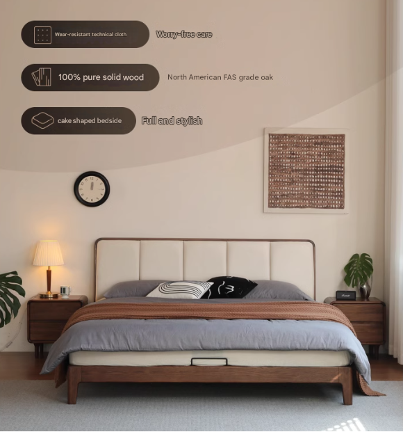 Oak, Rubberwood Solid Wood Genuine Leather, eco Leather Bed Modern