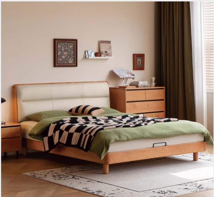 Cherry Solid Wood Bed with Retro Edge and Soft Headboard