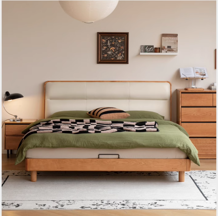 Cherry Solid Wood Bed with Retro Edge and Soft Headboard