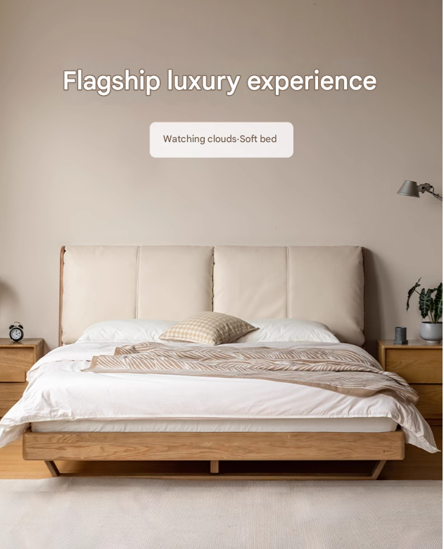 Oak, Ash Solid Wood Leather Soft Bed Italian Light Luxury.