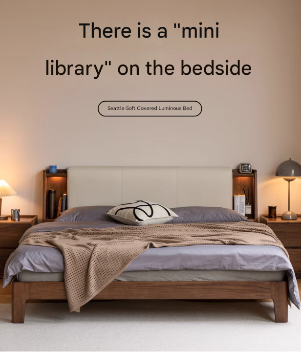 Oak Solid Wood Fabric Leather Soft Bed with Light