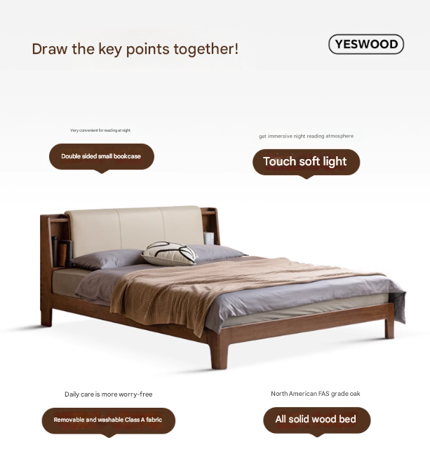 Oak solid wood Fabric leather soft bed with light