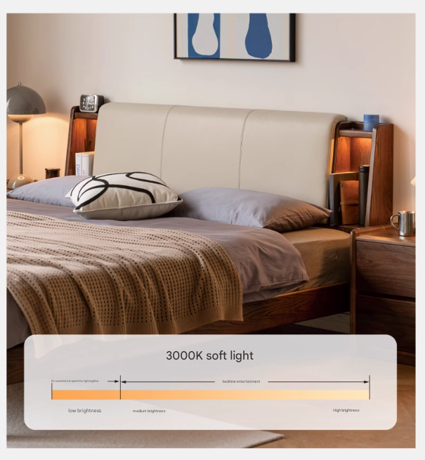 Oak Solid Wood Fabric Leather Soft Bed with Light