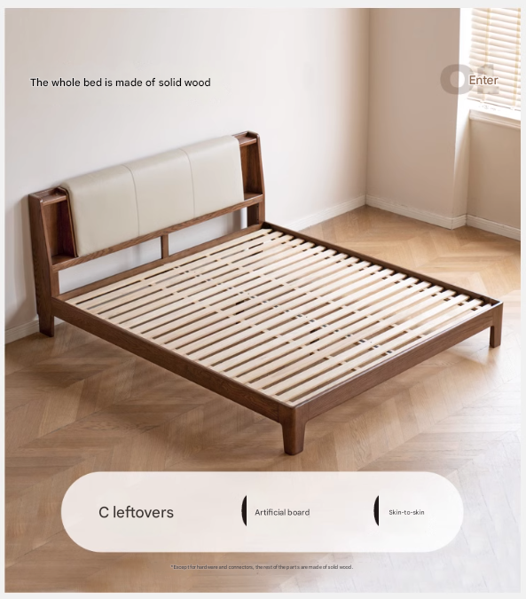 Oak solid wood Fabric leather soft bed with light