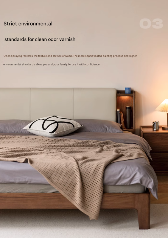 Oak solid wood Fabric leather soft bed with light