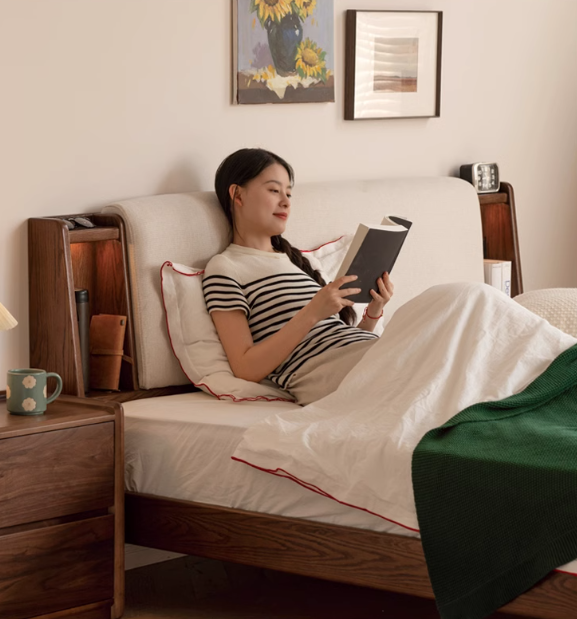 Oak Solid Wood Fabric Leather Soft Bed with Light