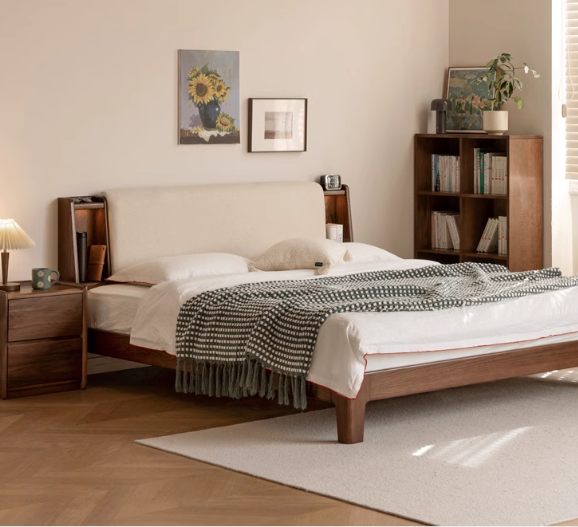 Oak solid wood Fabric leather soft bed with light