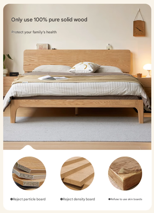 Oak Solid Wood,Rubber Wood Bed Modern Nordic