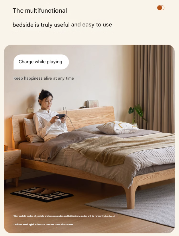 Oak Solid Wood,Rubber Wood Bed Modern Nordic