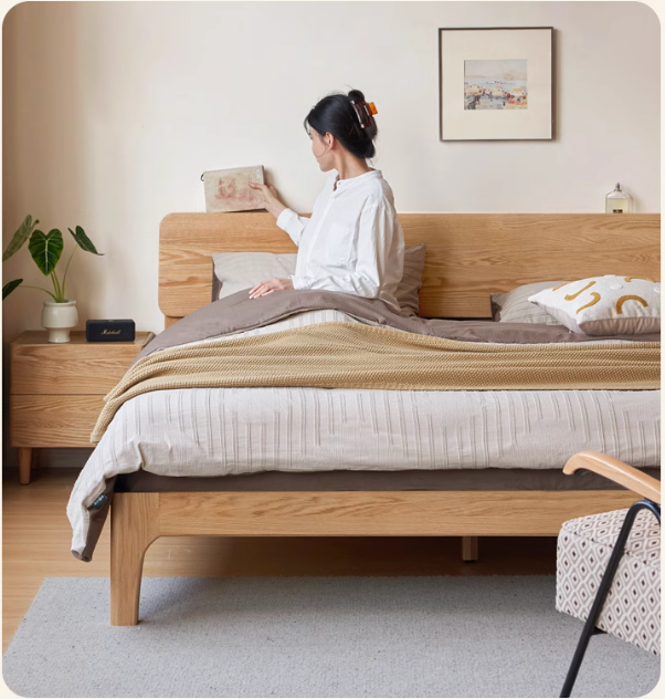Oak Solid Wood,Rubber Wood Bed Modern Nordic