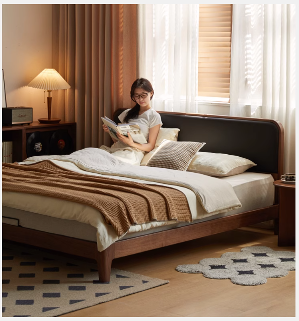 Black Walnut Solid Wood Simple Soft Bed