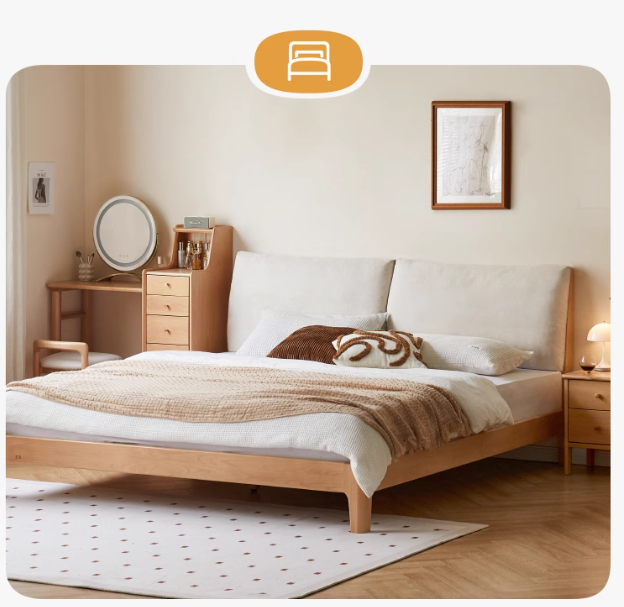 European Beech Solid Wood Soft Back Fabric Bed
