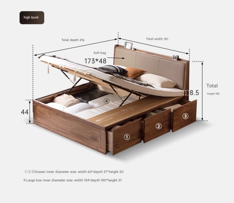 Black Walnut Solid Wood leather soft Drawer Box Bed Nordic