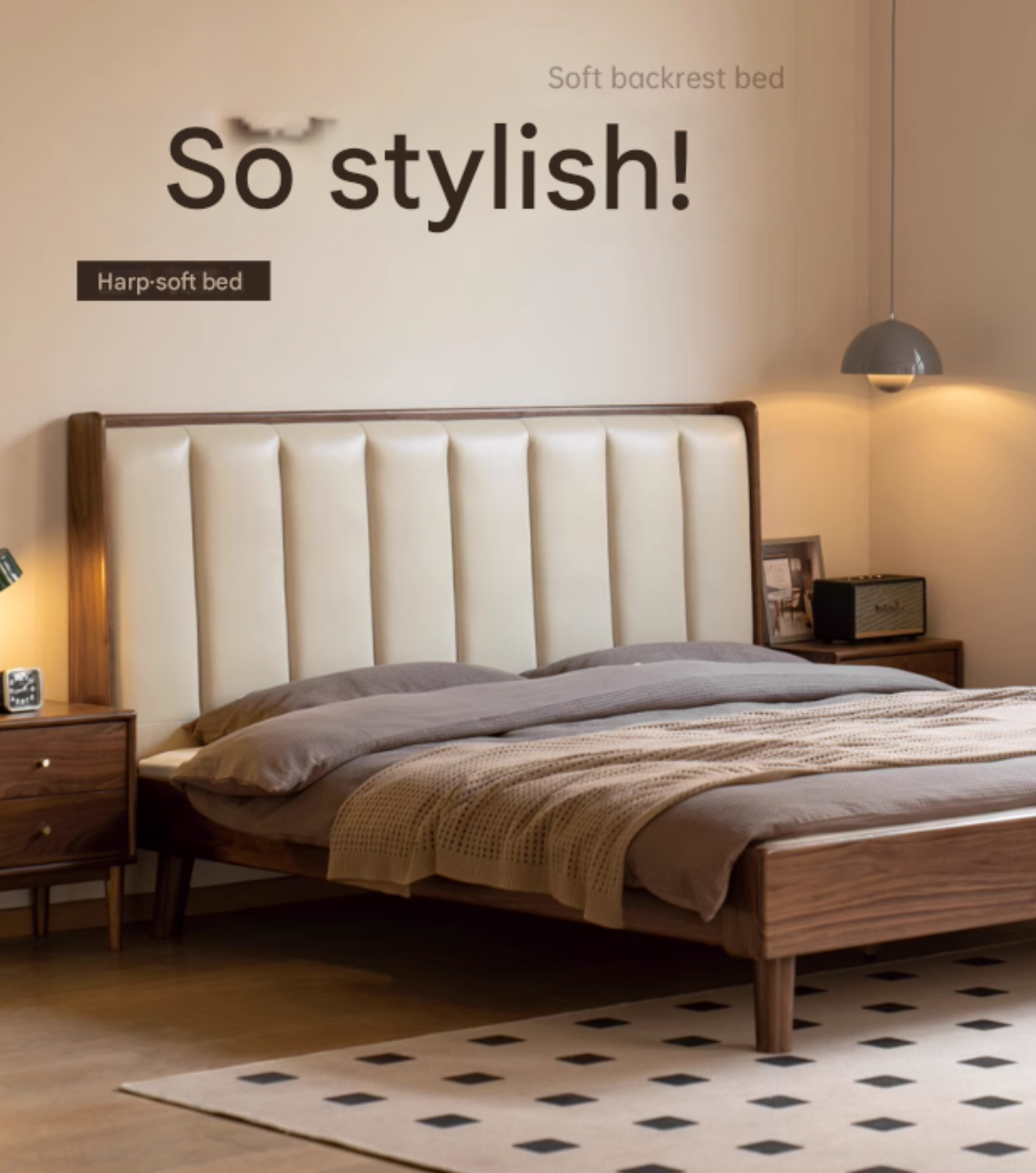 Black Walnut Solid Wood leather Simple High Soft Back Bed