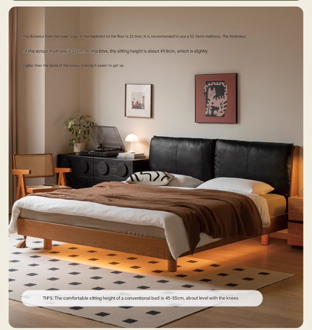 Cherry solid wood leather soft suspended bed