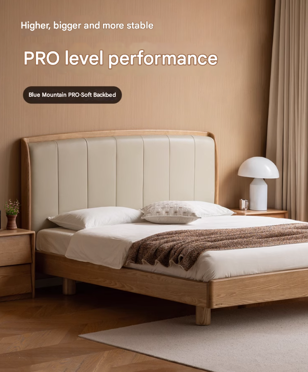 Ash Solid Wood Genuine Leather High Soft Back Bed