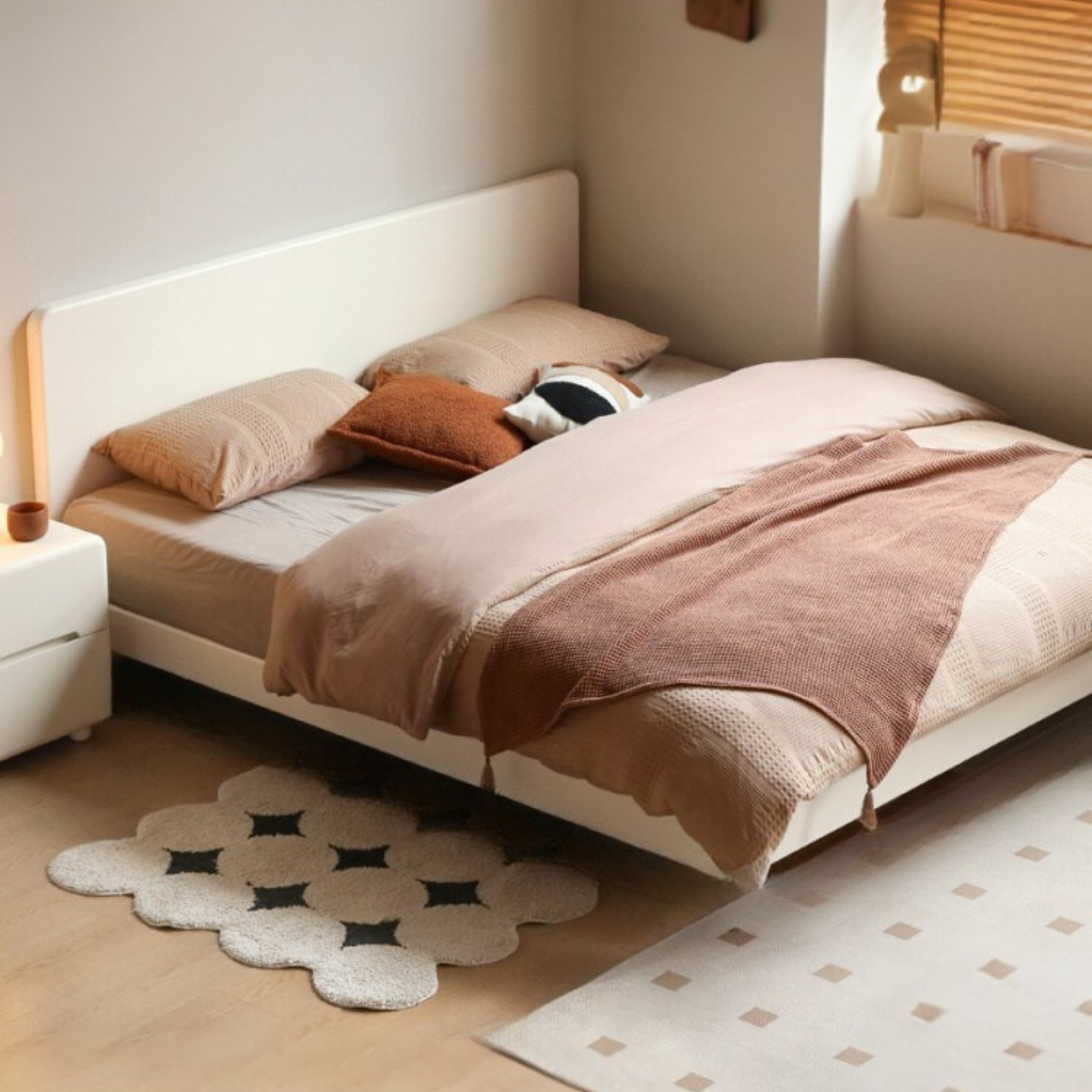 Poplar, Rubberwood Solid Wood Bed Modern Simple Cream Style