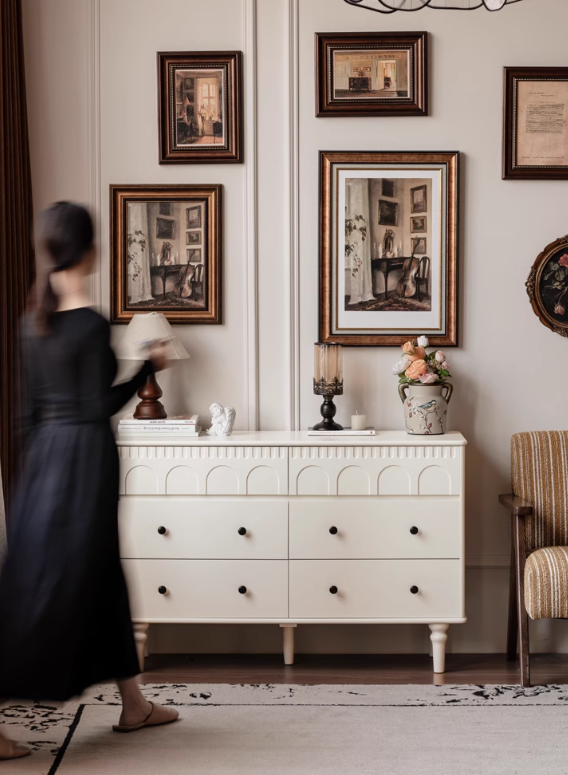 Solid Rubberwood Cabinet French Retro Cream Style Drawers.