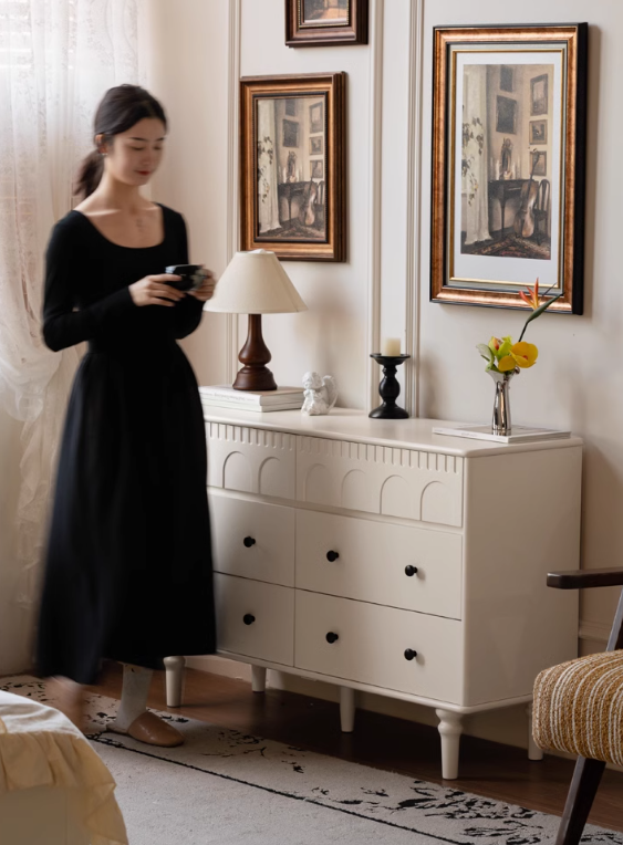 Solid Rubberwood Cabinet French Retro Cream Style Drawers.