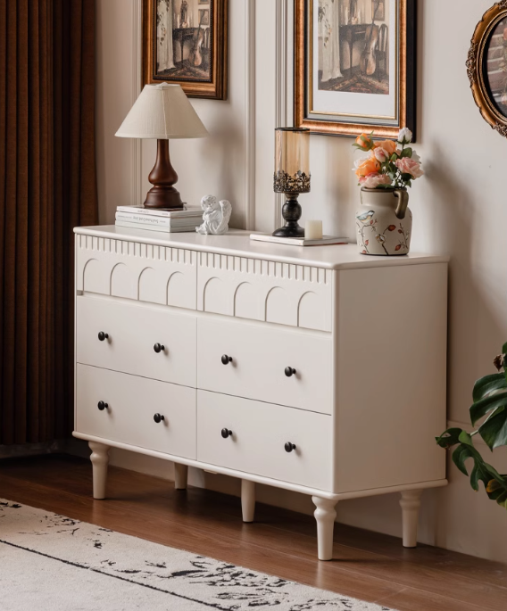 Solid Rubberwood Cabinet French Retro Cream Style Drawers.