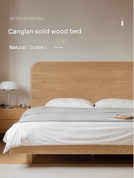 Ash Solid Wood Bed Simple High Headboard.