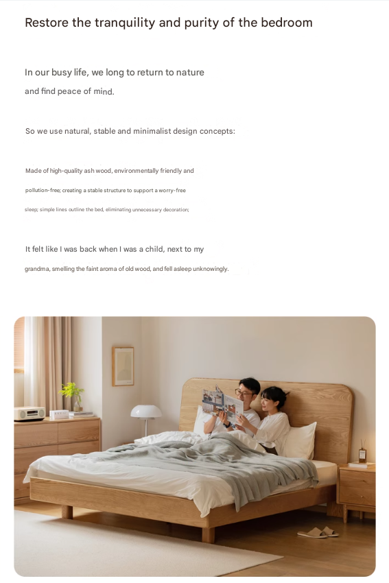 Ash Solid Wood Bed Simple High Headboard.