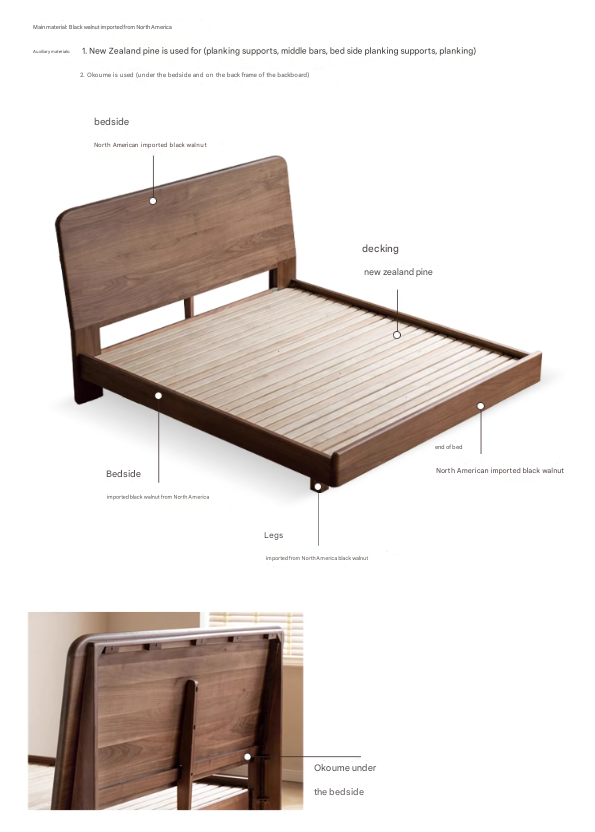 North American Black walnut, Ash solid wood bed simple high head.