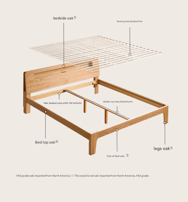 Oak, Beech Solid Wood With Light And Bookshelf Bed