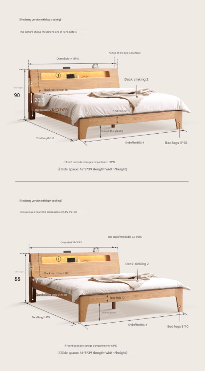 Oak, Beech Solid Wood With Light And Bookshelf Bed