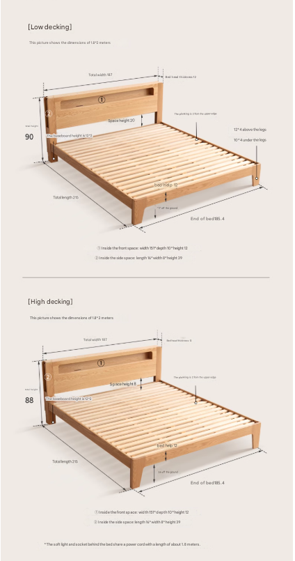 Oak, Beech Solid Wood With Light And Bookshelf Bed