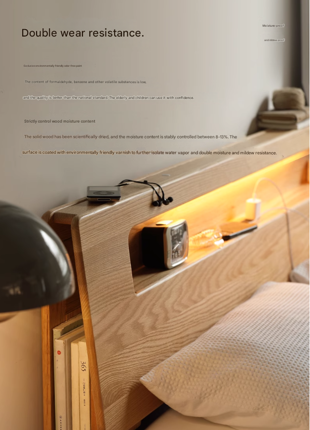 Oak, Beech Solid Wood With Light And Bookshelf Bed