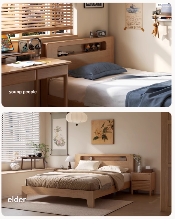 Oak, Beech Solid Wood With Light And Bookshelf Bed