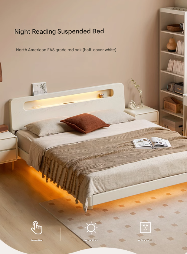Oak Solid Wood Bed Cream Suspension Bed Luminous